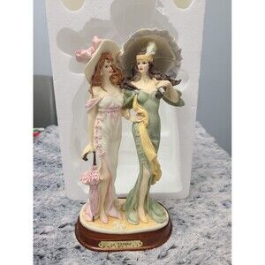 La Verona Collection Vintage Figurine Two Ladies Parasols Art Deco Wood Base New